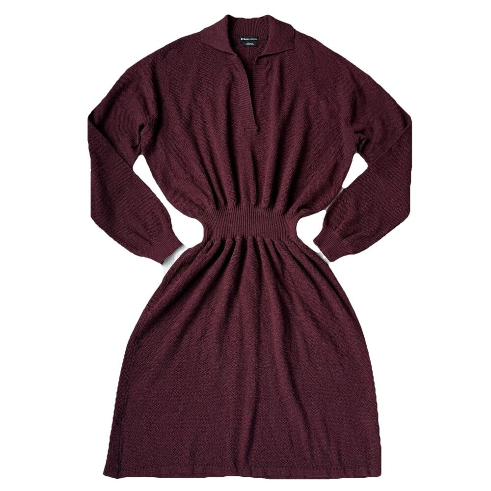 PrAna Milani V-Neck Mulberry Knit Sweater Dress Womens Large Cinched Waist Wool